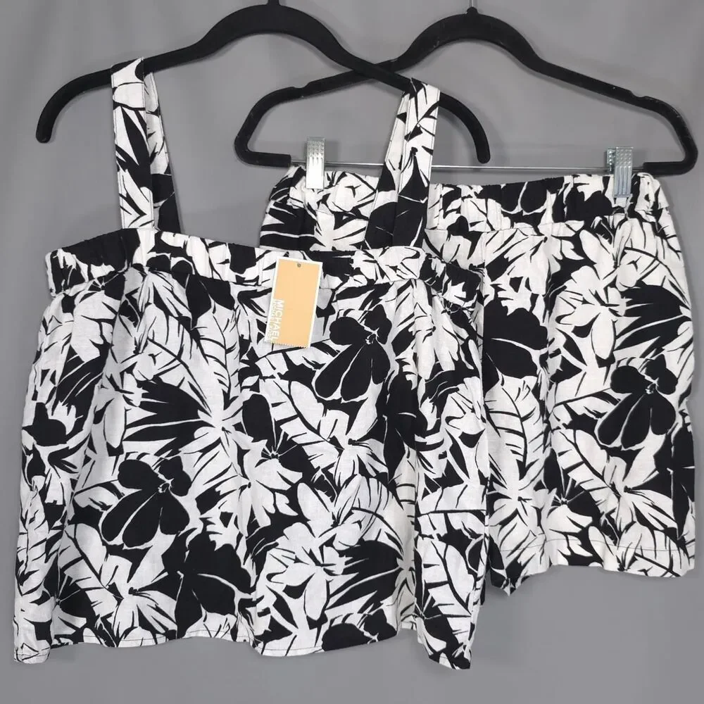 MICHAEL KORS Womens New Set Tank Top Shorts MEDIUM Black White Linen QS540TLHF0